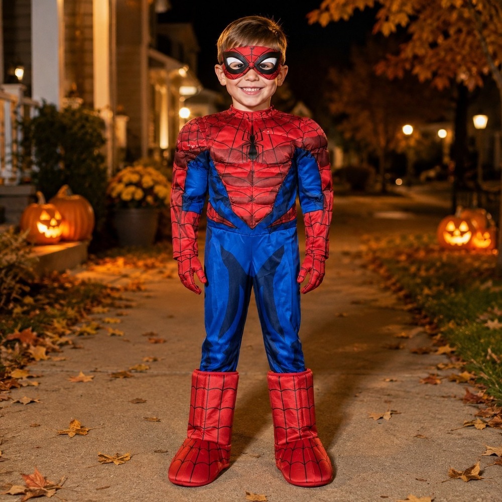 Spider-Man Costume Boys M 8-10 Marvel Muscle Chest Mask Gloves Rubies 2021 New